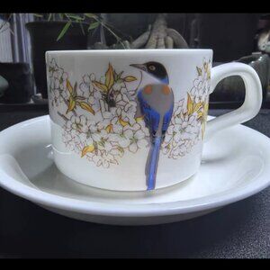 White Ceramic Cup & Saucer with   Bird Illustration